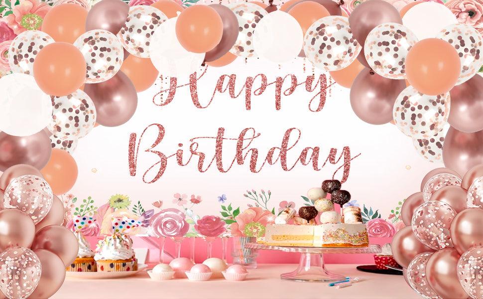 Rose Gold Birthday Balloon Garland Decorations with Happy Birthday Backdrop - Lasercutwraps Shop