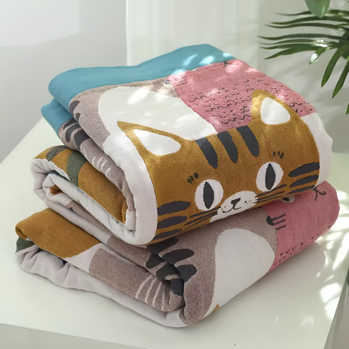 Whimsical Cat-Themed Reversible Cotton Blanket