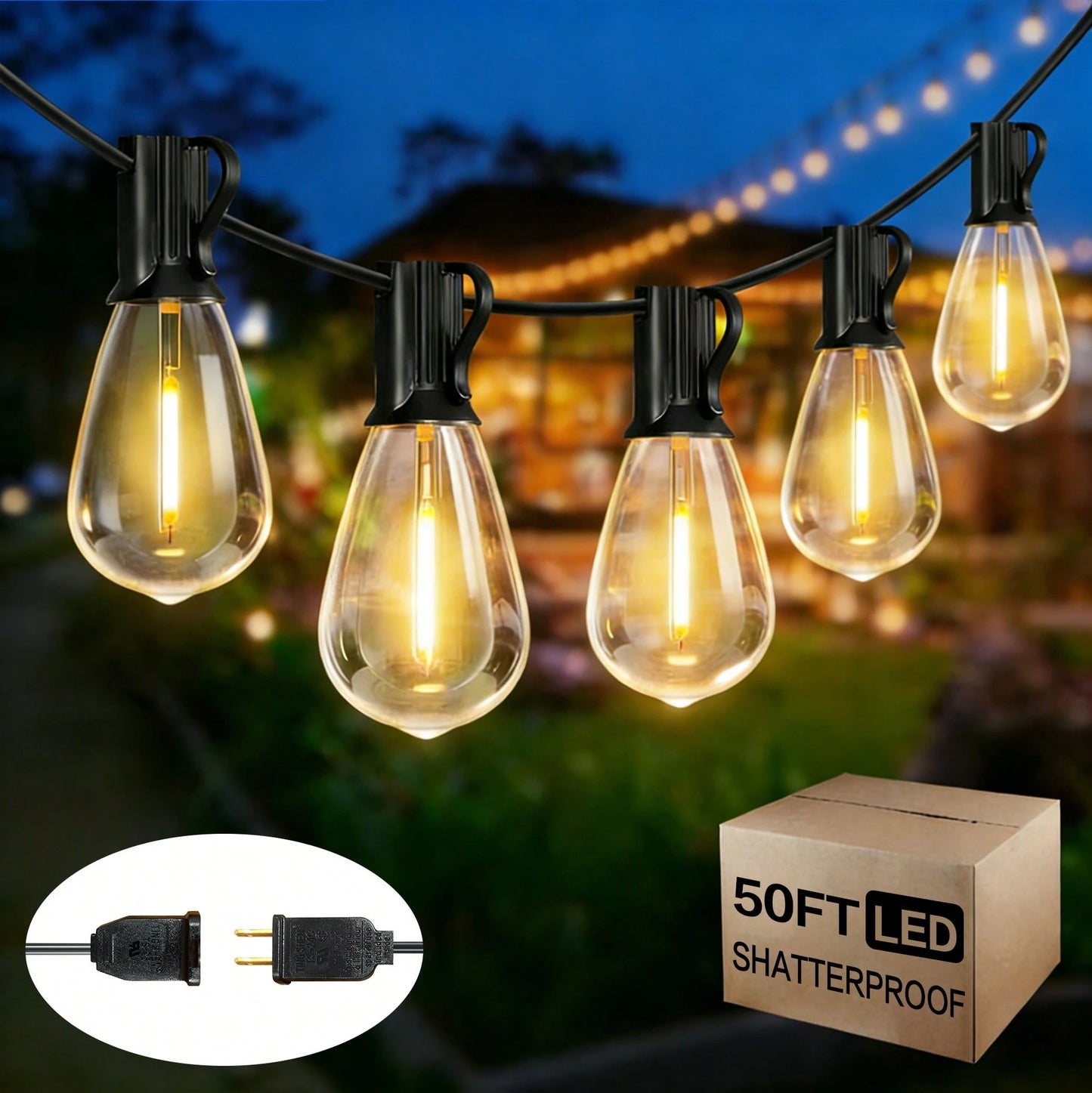 S14 Outdoor String Lights 50ft Commercial Grade Strand with 13 Edison Vintage Waterproof Bulbs