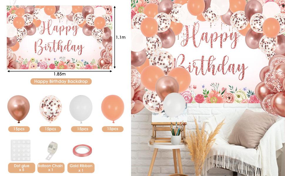 Rose Gold Birthday Balloon Garland Decorations with Happy Birthday Backdrop - Lasercutwraps Shop