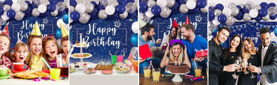 Navy and Silver Birthday Backdrop with 70pcs Navy, Silver and White Balloon Garland Kit - Lasercutwraps Shop
