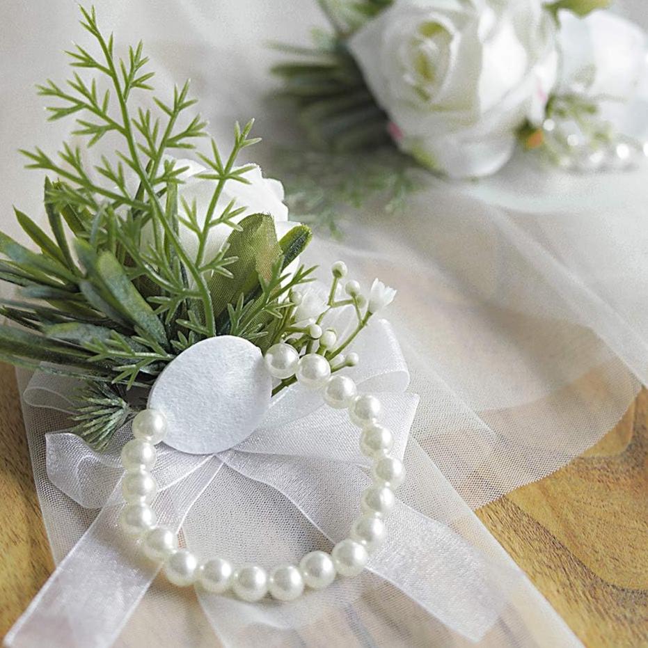 Set of 6 Ivory Rose Wrist Corsage Wristlet Band Bracelet for Women Bride Bridesmaid White Wedding Prom