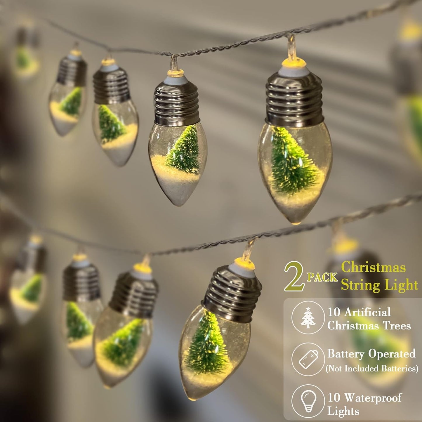 Battery Operated Christmas Tree Lights, Christmas Snow Globes String Lights for Room with 10 LED Clear Bulbs