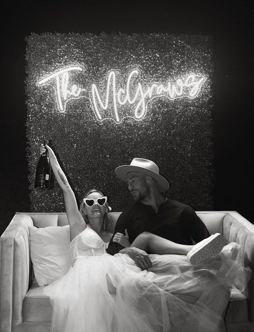 Modern Wedding Neon Sign Backdrop Couple Reception Setup Idea