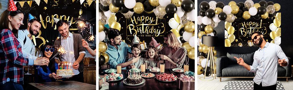 Black and Gold Birthday Decorations Happy Birthday Backdrop with 70pcs Black and Gold Balloon Garland Kit - Lasercutwraps Shop