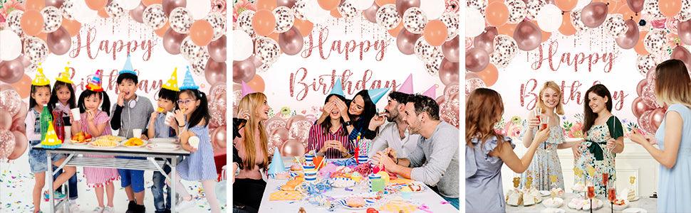 Rose Gold Birthday Balloon Garland Decorations with Happy Birthday Backdrop - Lasercutwraps Shop