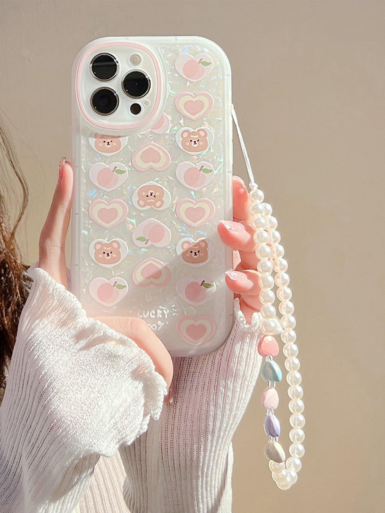 Cartoon Bear & Peach Print Phone Case With Lanyard - Lasercutwraps Shop