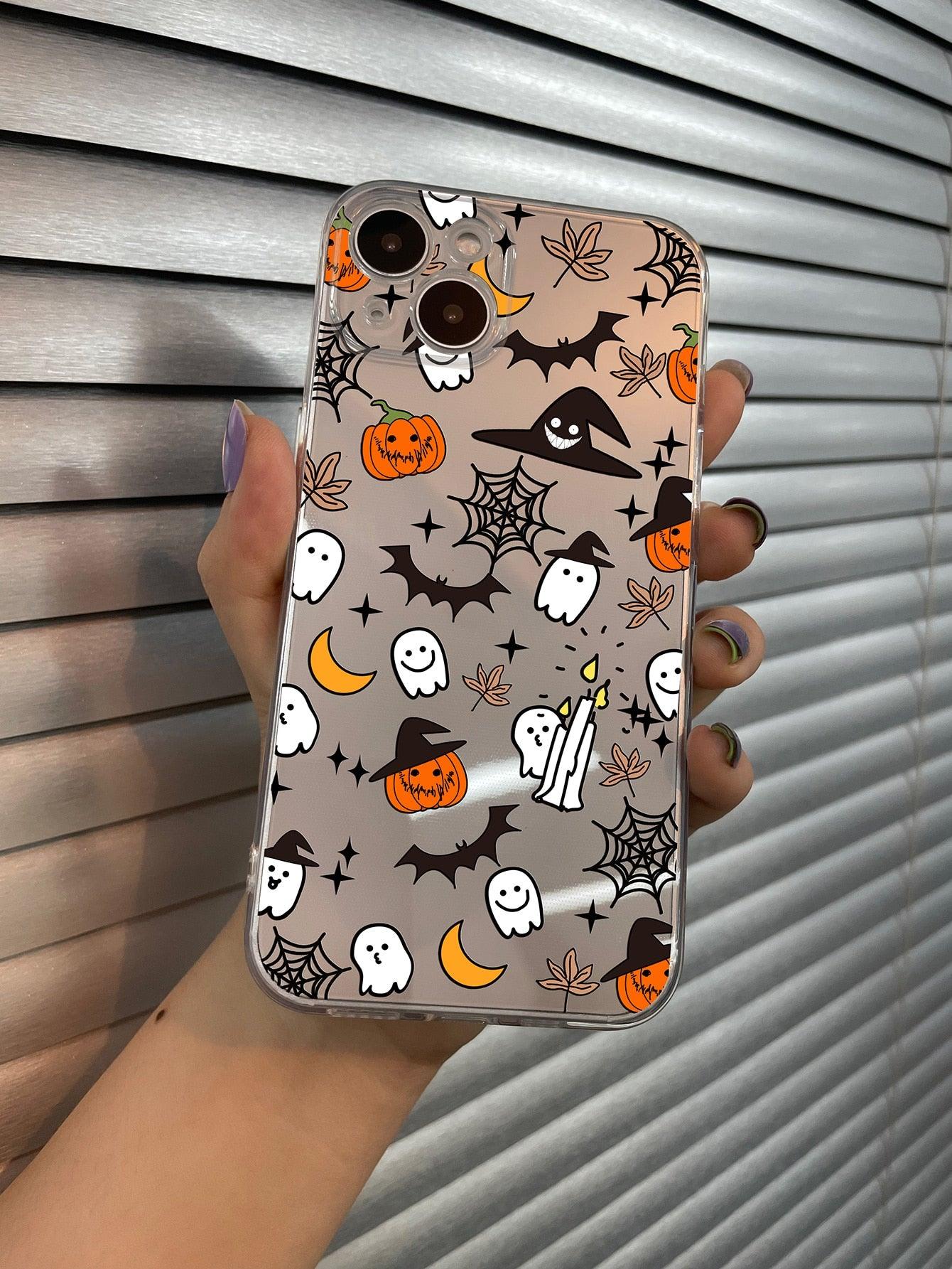 Halloween Pumpkin & Bat Print Clear Phone Case Halloween Pumpkin & Bat Print Clear Phone Case