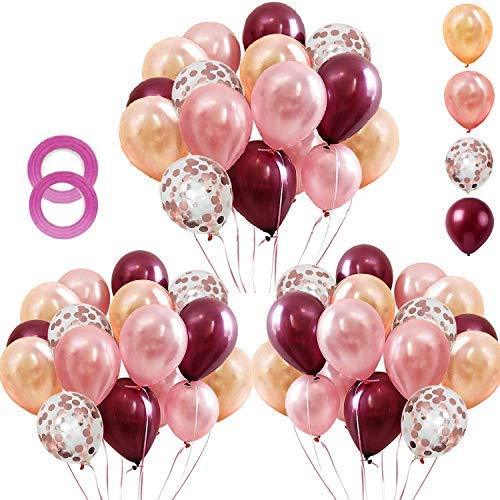 62 Pieces Rose Gold Burgundy Confetti Balloons Kit 12 inch Rose Gold Confetti Burgundy Rose Gold Latex Balloons with Balloon Ribbon for Wedding