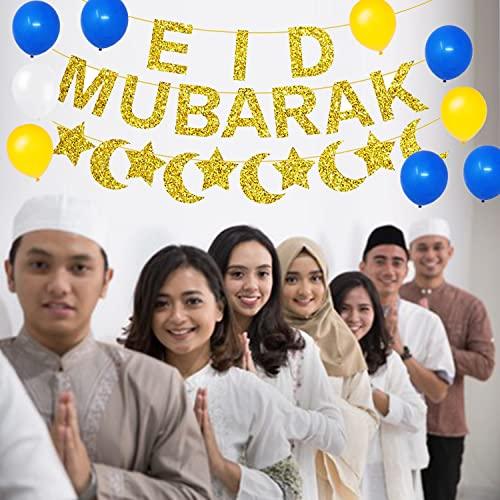 Eid Mubarak Decorations Banner Balloons Party Supplies - Muslim Ramadan Mubarak Kareem Festival Party Decoration Glitter Moon Star Garland - Lasercutwraps Shop