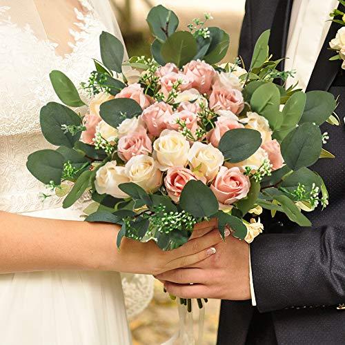34pcs Artificial Rose Flowers, 24 Silk Flowers and 10 Artificial Eucalyptus Leaves Stems in Bulk Fake Flowers Bouquet, for Home Bridal Wedding Party Festival Decor - Lasercutwraps Shop