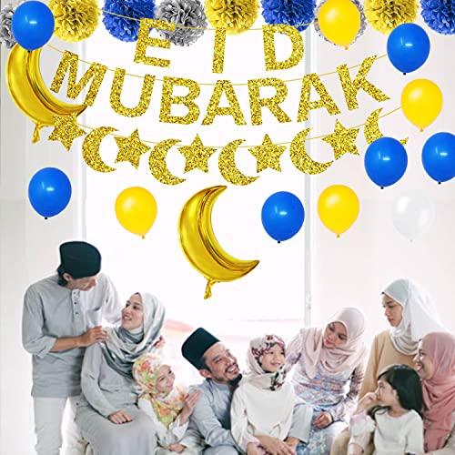 Eid Mubarak Decorations Banner Balloons Party Supplies - Muslim Ramadan Mubarak Kareem Festival Party Decoration Glitter Moon Star Garland - Lasercutwraps Shop