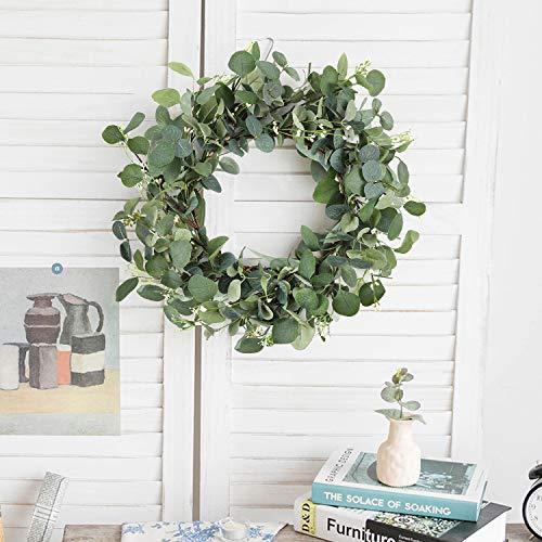 19 Inches Artificial Green Leaf Eucalyptus Wreath Spring Summer Outdoor Ornaments for Front Door Wall Window Farmhouse Decor - Lasercutwraps Shop