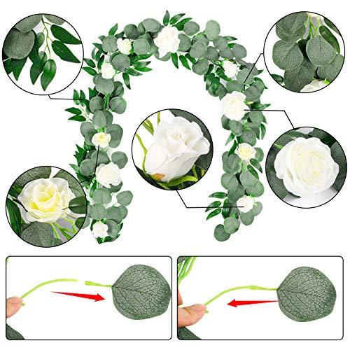 2 Packs Artificial Eucalyptus Garland with Willow Vines Twigs Leaves Silk White Rose, Rose Vine Eucalyptus Strands with Faux Silver Dollar for Wedding Party Garden Decoration - Lasercutwraps Shop