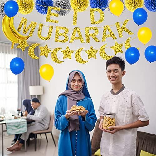 Eid Mubarak Decorations Banner Balloons Party Supplies - Muslim Ramadan Mubarak Kareem Festival Party Decoration Glitter Moon Star Garland - Lasercutwraps Shop
