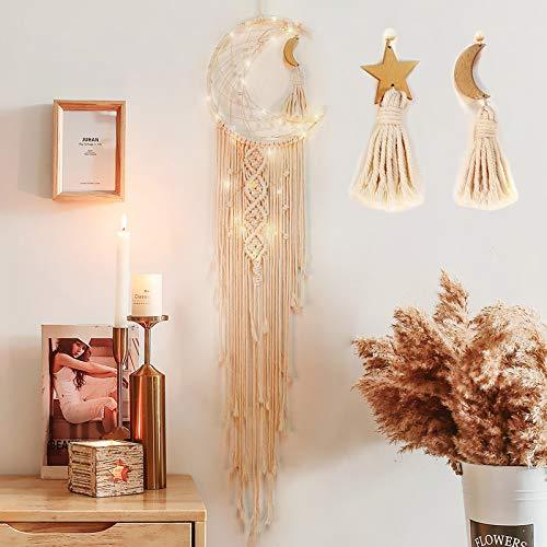 Moon Dream Catcher with LED Light, Handmade Macrame Woven Hanging Wall Decor for Bedroom, Boho Room Decor - Lasercutwraps Shop