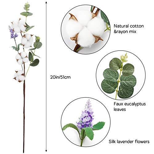 6pcs Cotton Stems, Artificial Cotton Flower Branches with Eucalyptus Lavender in Bulk, Faux Cotton Plants Decor Dried Cotton Floral Arrangements for Vases Farmhouse Flowers Decoration - Lasercutwraps Shop