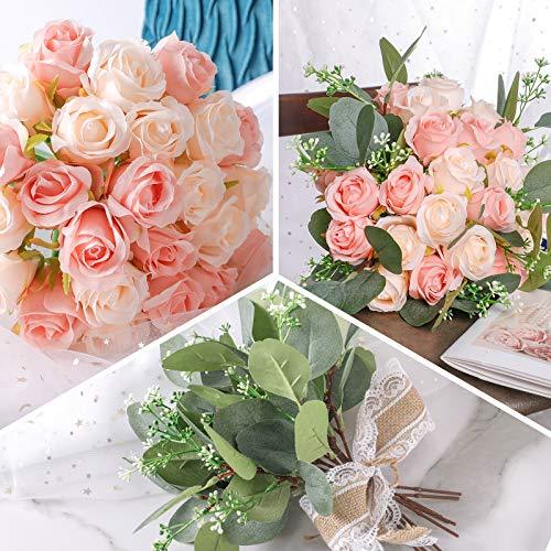 34pcs Artificial Rose Flowers, 24 Silk Flowers and 10 Artificial Eucalyptus Leaves Stems in Bulk Fake Flowers Bouquet, for Home Bridal Wedding Party Festival Decor - Lasercutwraps Shop