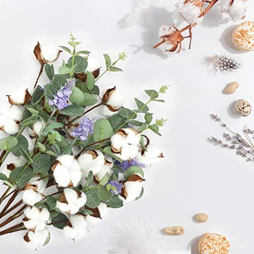 6pcs Cotton Stems, Artificial Cotton Flower Branches with Eucalyptus Lavender in Bulk, Faux Cotton Plants Decor Dried Cotton Floral Arrangements for Vases Farmhouse Flowers Decoration - Lasercutwraps Shop