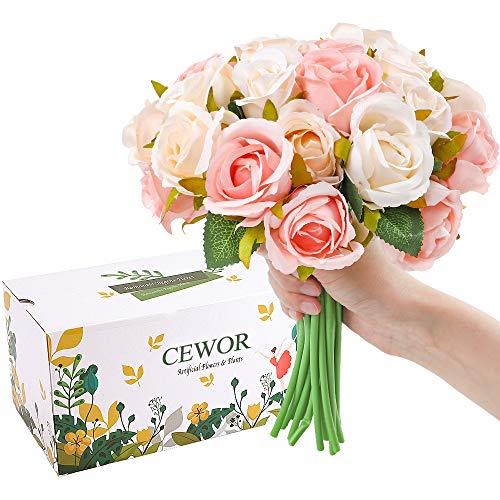 24 Heads Artificial Rose Flowers Bouquet Silk Flowers Rose for Home Bridal Wedding Party Festival Decor (2 Packs Champagne and Pink) - Lasercutwraps Shop