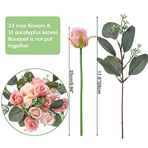 34pcs Artificial Rose Flowers, 24 Silk Flowers and 10 Artificial Eucalyptus Leaves Stems in Bulk Fake Flowers Bouquet, for Home Bridal Wedding Party Festival Decor - Lasercutwraps Shop