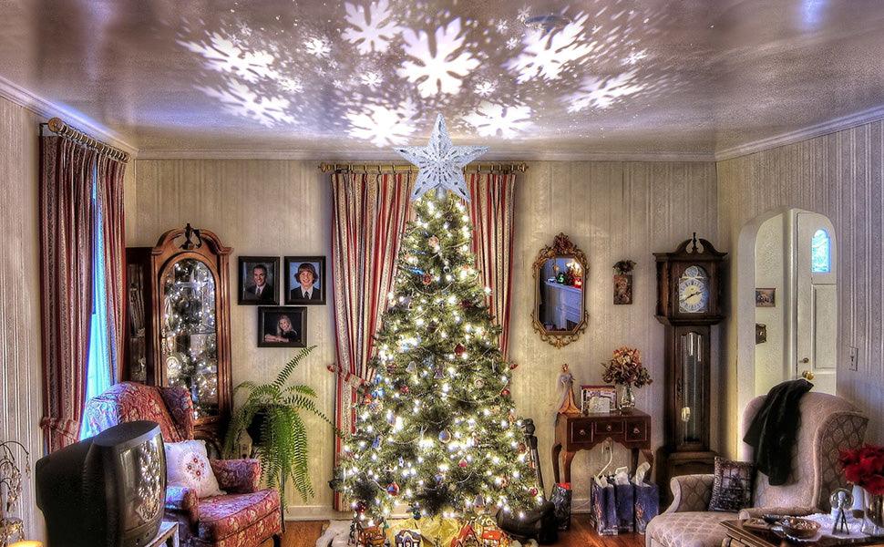 Christmas Tree Topper Lighted Star Tree Topper with Rotating Snowflake Projector Lights, 3D Glitter Hollow Star Tree Topper for Christmas Tree Decorations - Lasercutwraps Shop