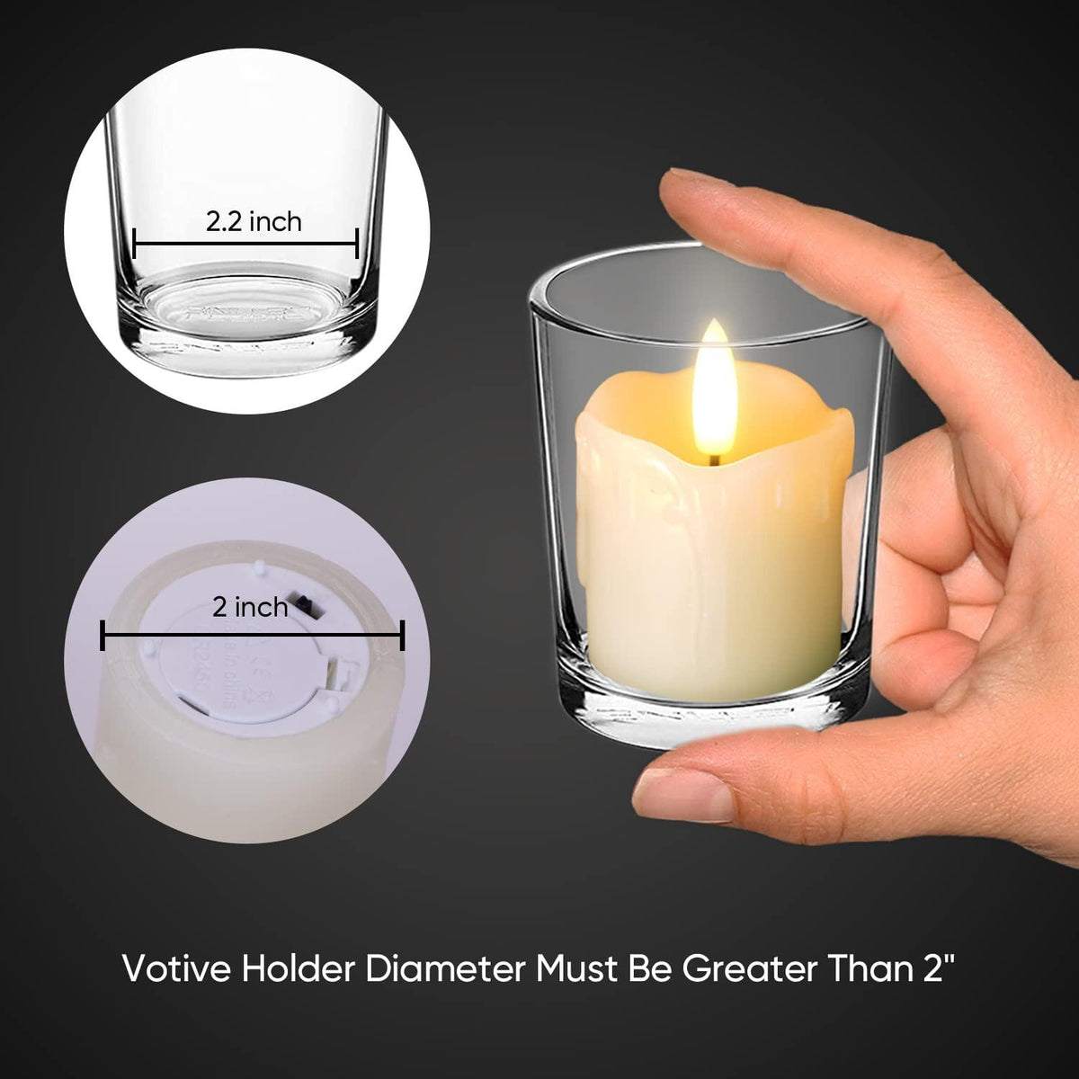 Set of 6 Flameless Votive Candles with Timer, 2" x 2" Real Wax, 400+Ho