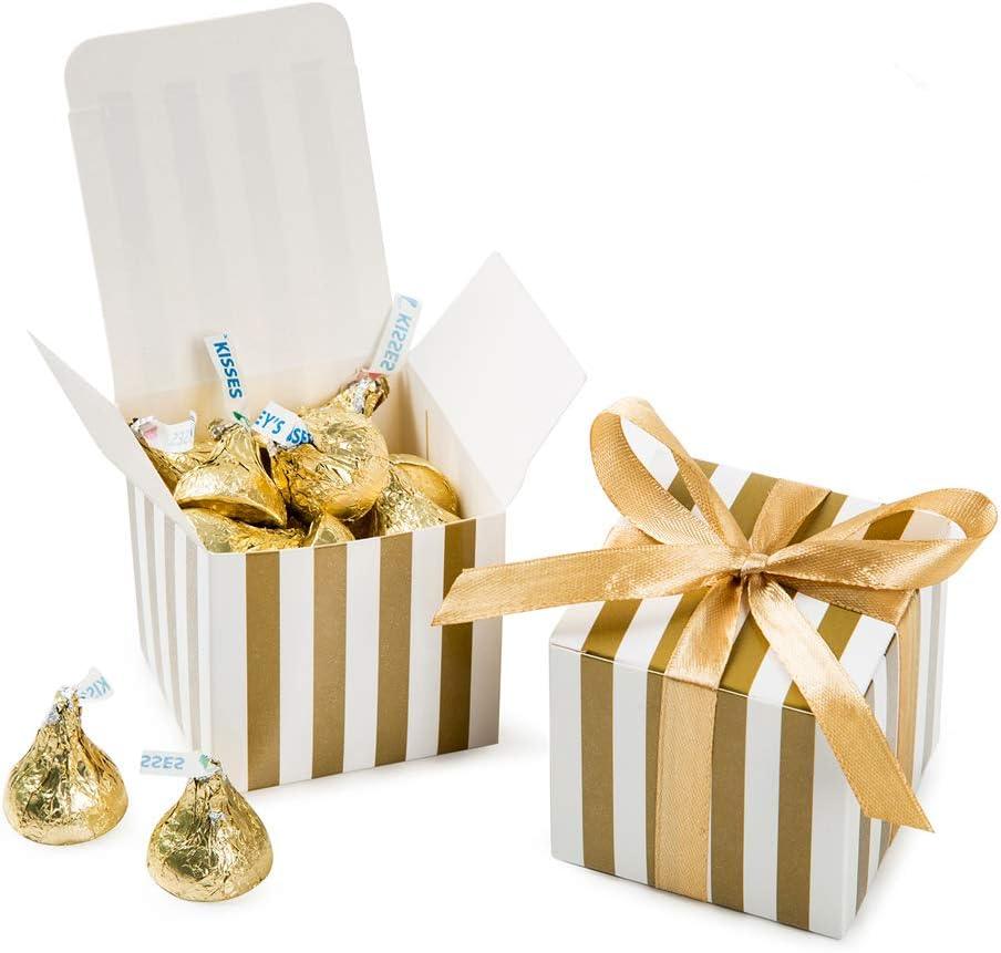 Small Candy Box Bulk 2x2x2 inch with Ribbon, Gold White Strips Box Party Favors Pack of 50 - Lasercutwraps Shop