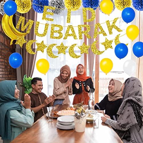 Eid Mubarak Decorations Banner Balloons Party Supplies - Muslim Ramadan Mubarak Kareem Festival Party Decoration Glitter Moon Star Garland - Lasercutwraps Shop