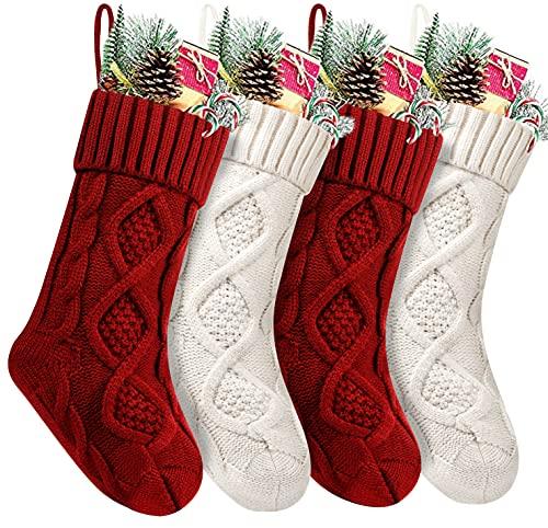 4 Pack Christmas Stockings, 14 Inches Cable Knitted Stocking Gifts & Decoration for Family Holiday Xmas Party Decor, Ivory White and Burgundy - Lasercutwraps Shop