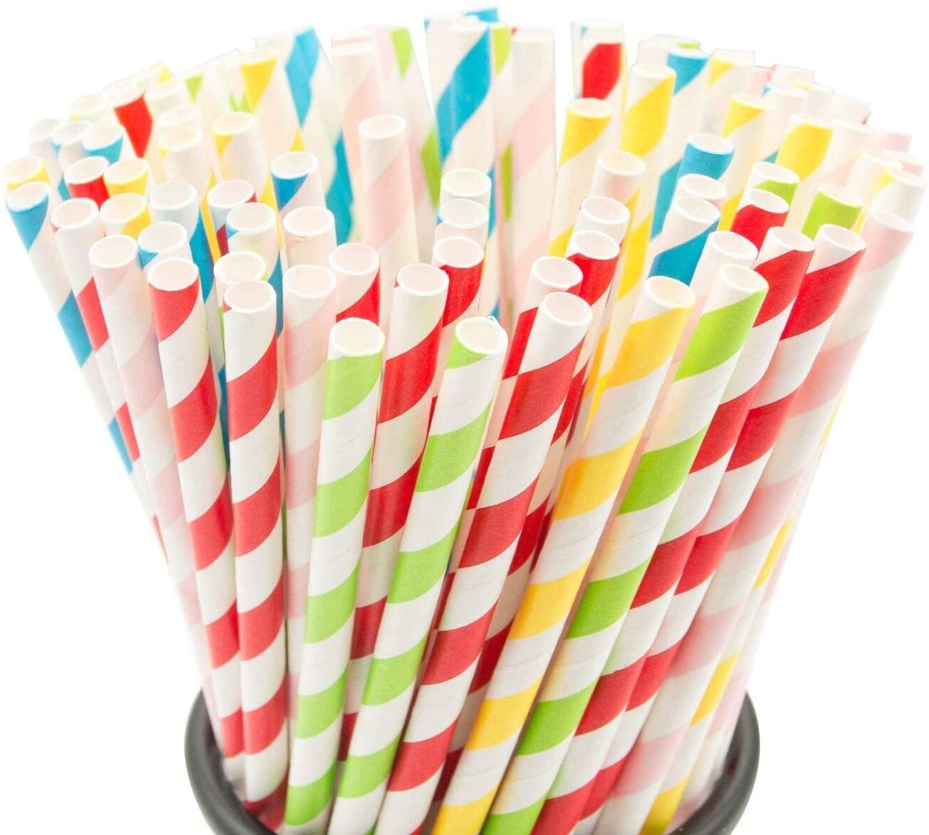 100PCS Biodegradable Paper Straws Bulk, Assorted Rainbow Colors Striped Drinking Straws for Juice - Lasercutwraps Shop