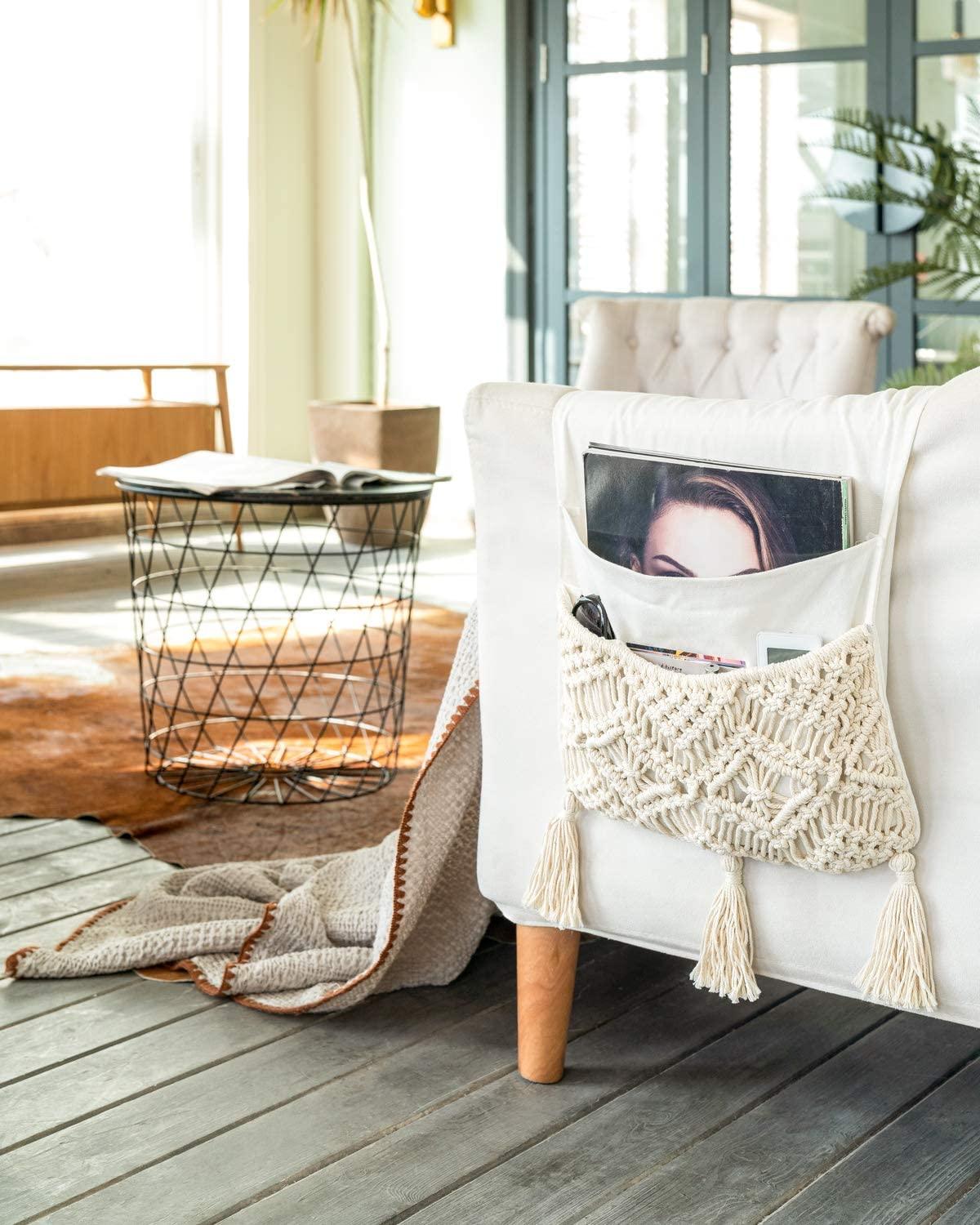 Macrame Sofa Armrest Organizer Remote Control Holder Magazine Storage Basket - Lasercutwraps Shop