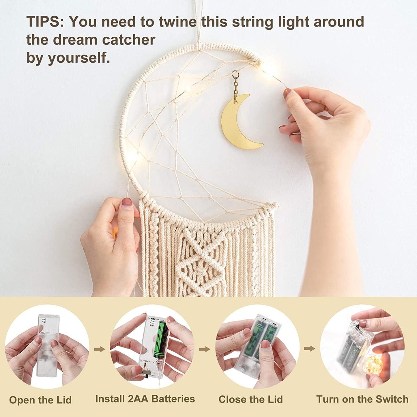 2 Pack Macrame Dream Catcher with String Lights Boho Wall Hanging Decor 8''W x 32''L - Lasercutwraps Shop
