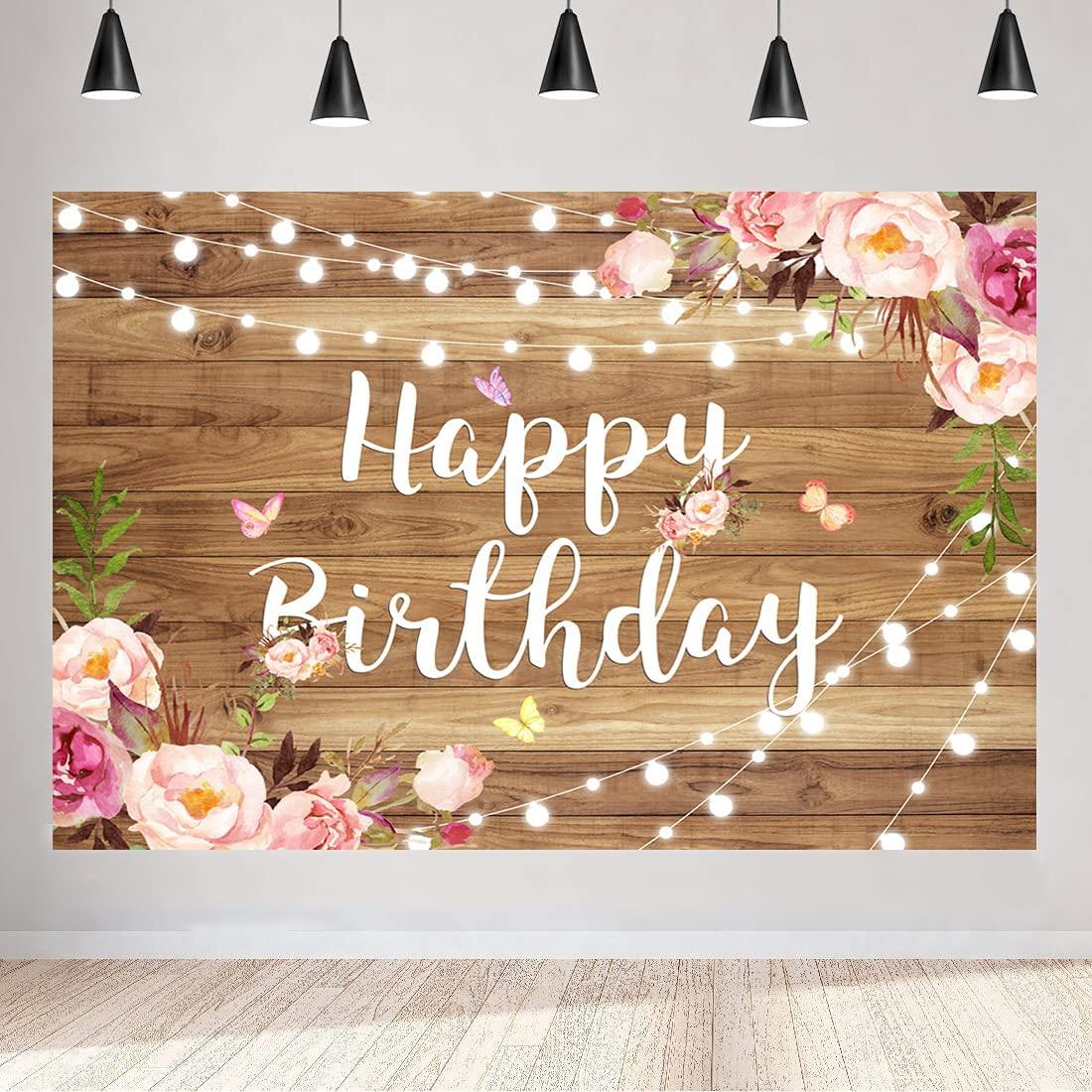 Pink Floral Happy Birthday Backdrop Butterfly Wooden Floor Watercolor Flowers Girls Women Photography Background Banner - Lasercutwraps Shop