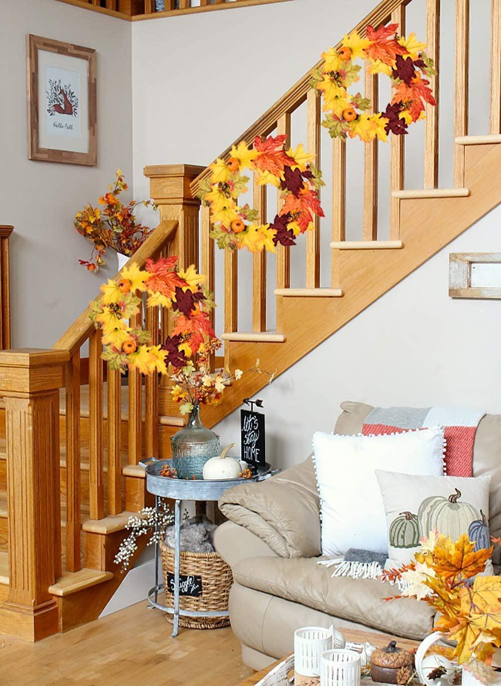 13 Inch Artificial Autumn Fall Wreath, Harvest Thanksgiving Door Wreath for Front Door with Pumpkins, Berry and Maple Leaf - Lasercutwraps Shop