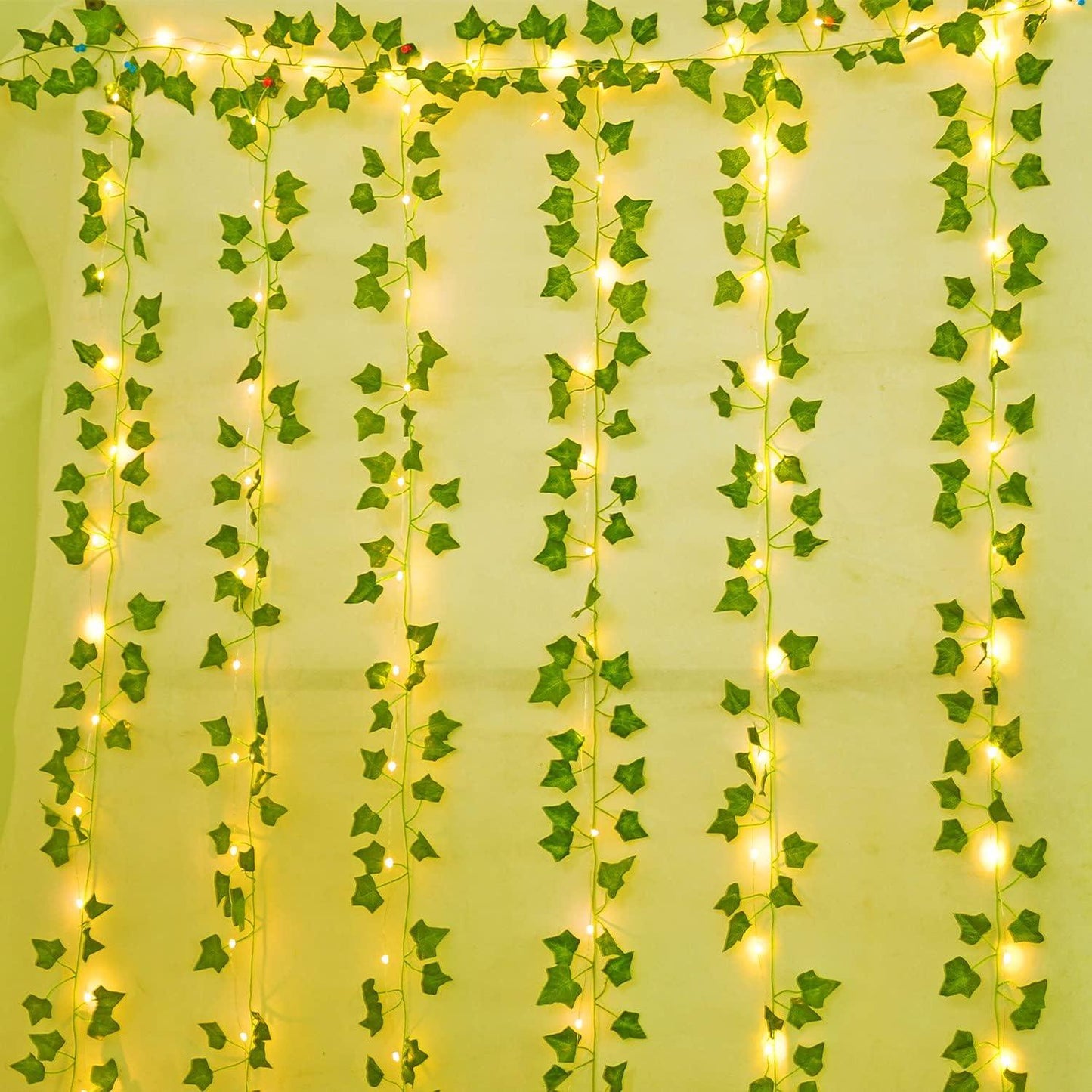 12 Pcs Artificial Ivy Garland Fake Vines with 9.8*9.8Ft Lights String (300 LED) Decor Faux Green Hanging Plant Greenery for Wall Party Wedding Room - Lasercutwraps Shop