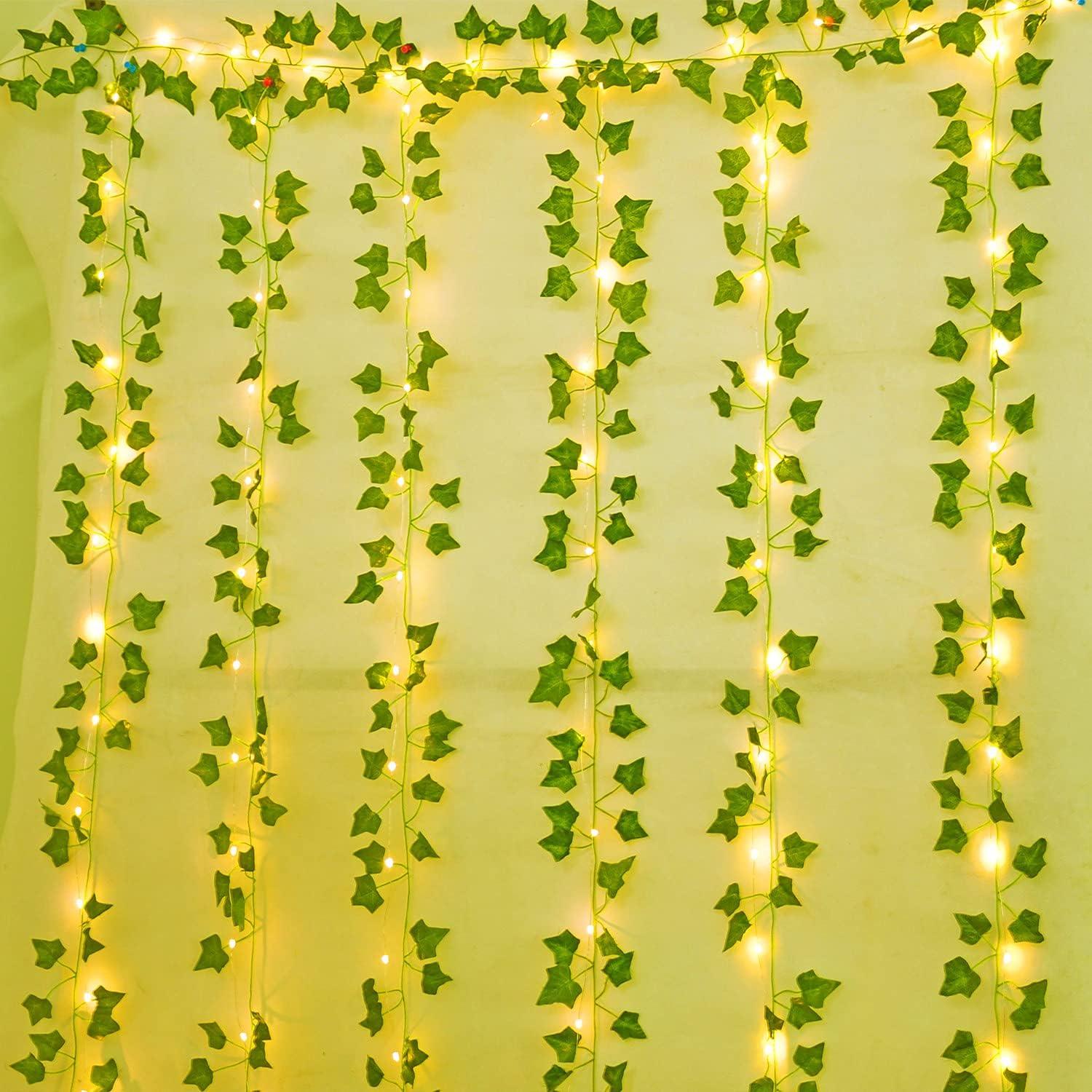 12 Pcs Artificial Ivy Garland Fake Vines with 9.8*9.8Ft Lights String (300 LED) Decor Faux Green Hanging Plant Greenery for Wall Party Wedding Room - Lasercutwraps Shop