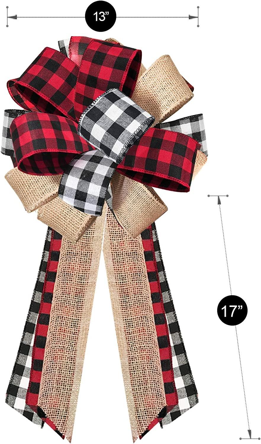 Christmas Tree Topper Buffalo Plaid Red Black Burlap Decorative Bow - Lasercutwraps Shop