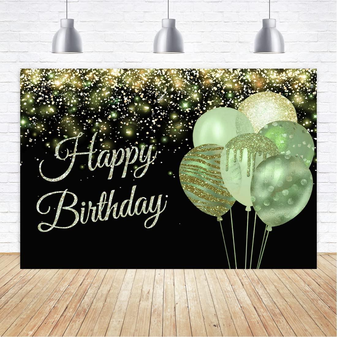 Green Happy Birthday Backdrop Glitter Balloons Gold Sparkle Sequins Do 