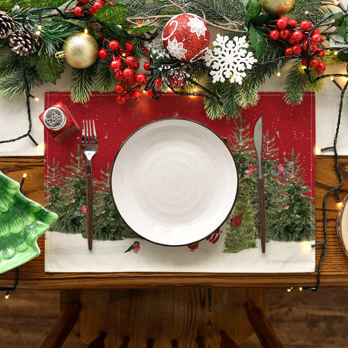 Snowman Cardinals Trees Christmas Placemats for Dining Table, 12 x 18 Inch Seasonal Winter Birds Xmas Table Mats Set of 4 - Lasercutwraps Shop