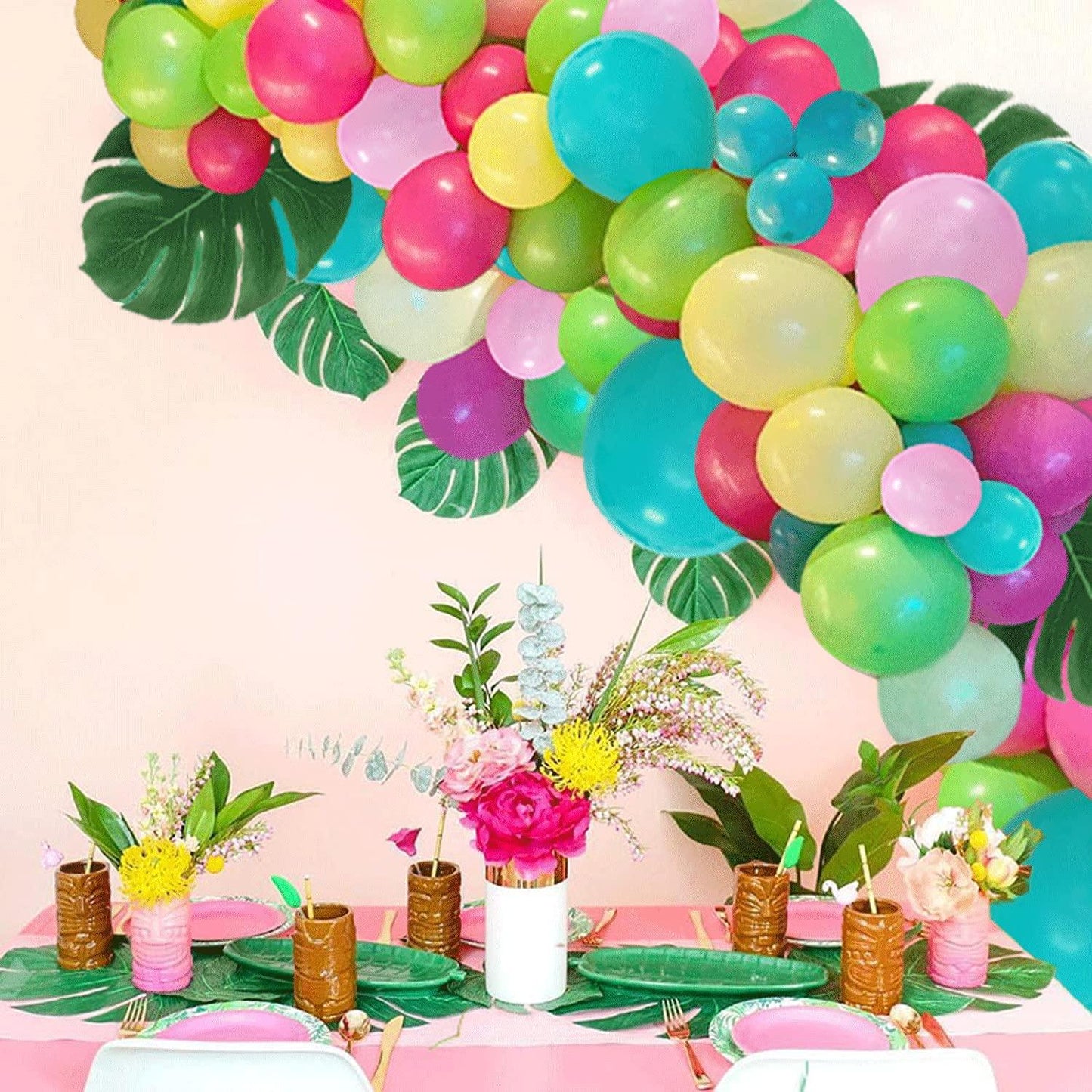 99pcs Tropical Luau Balloons Garland Arch KitPink Green Yellow Blue Balloon Garland Kit with Palm Leaves - Lasercutwraps Shop
