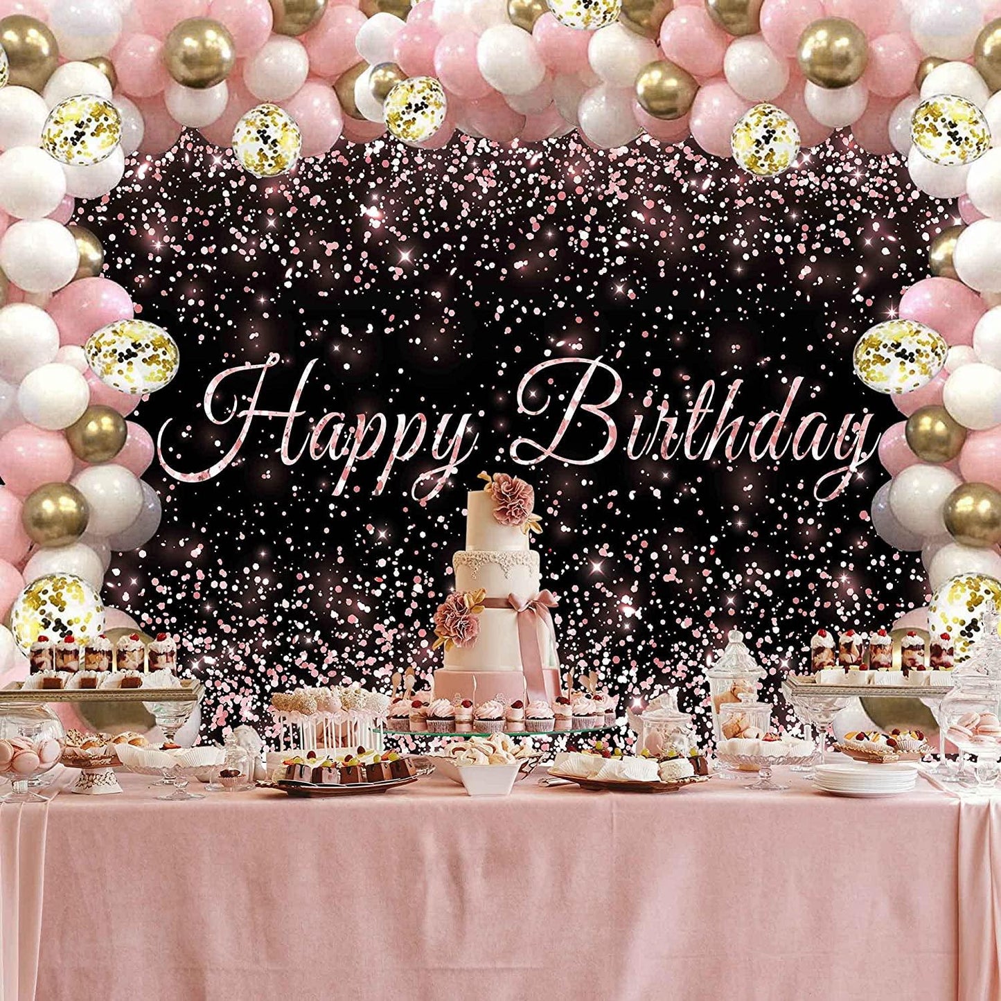 Birthday Backdrop Pink and Black Shiny Gold dot Glamour Sparkle Sweet Photography Background - Lasercutwraps Shop