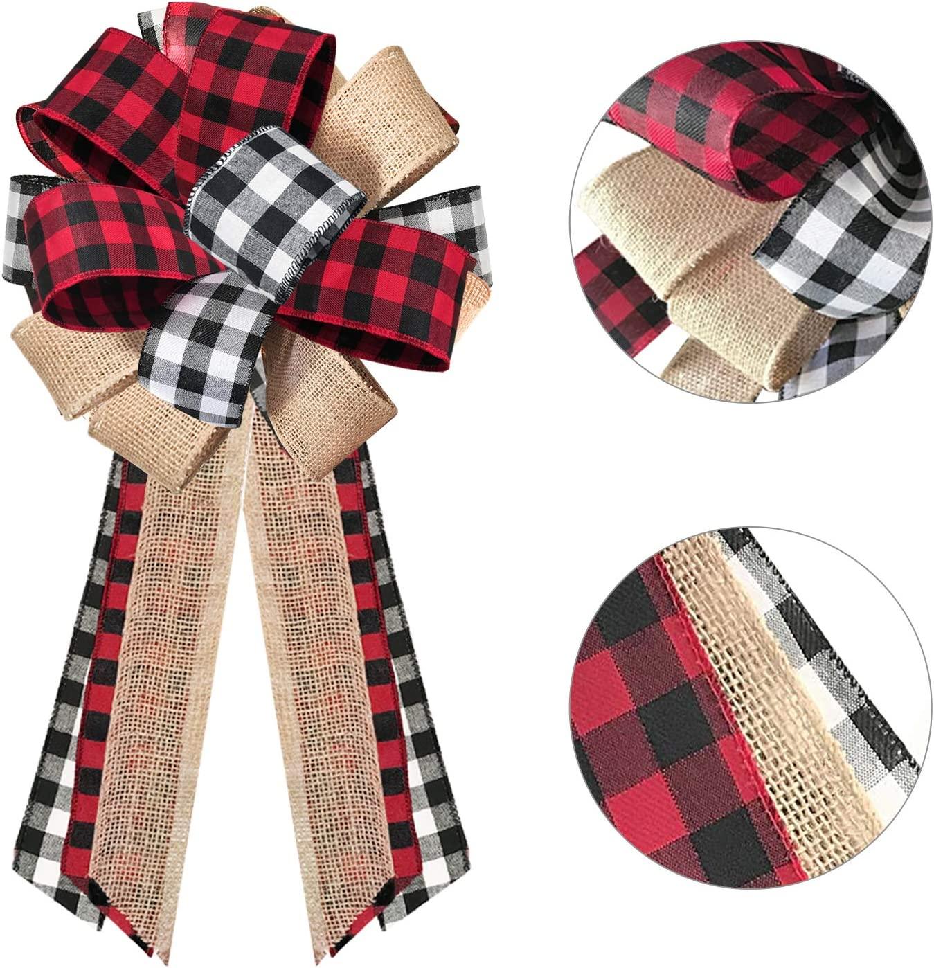 Christmas Tree Topper Buffalo Plaid Red Black Burlap Decorative Bow - Lasercutwraps Shop