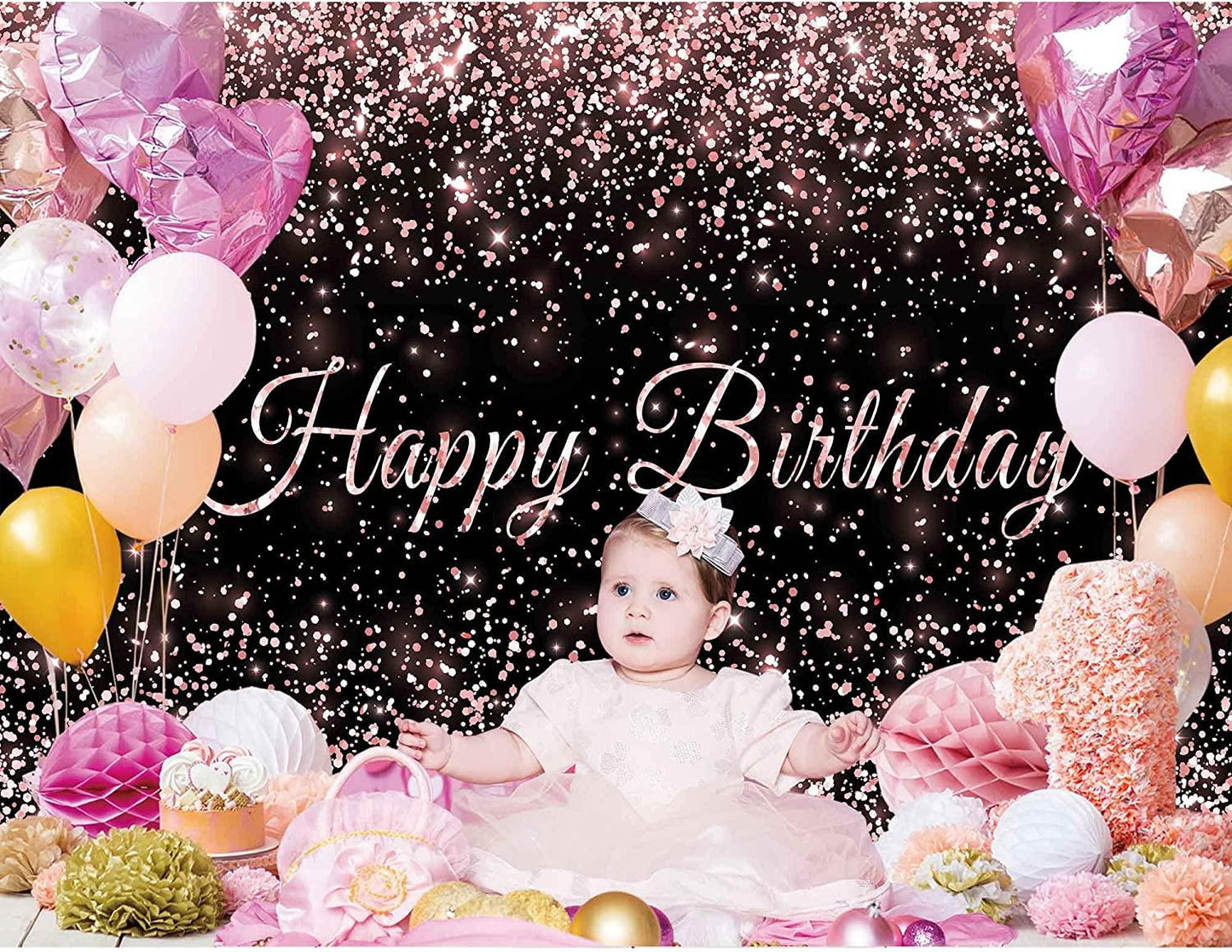 Birthday Backdrop Pink and Black Shiny Gold dot Glamour Sparkle Sweet Photography Background - Lasercutwraps Shop