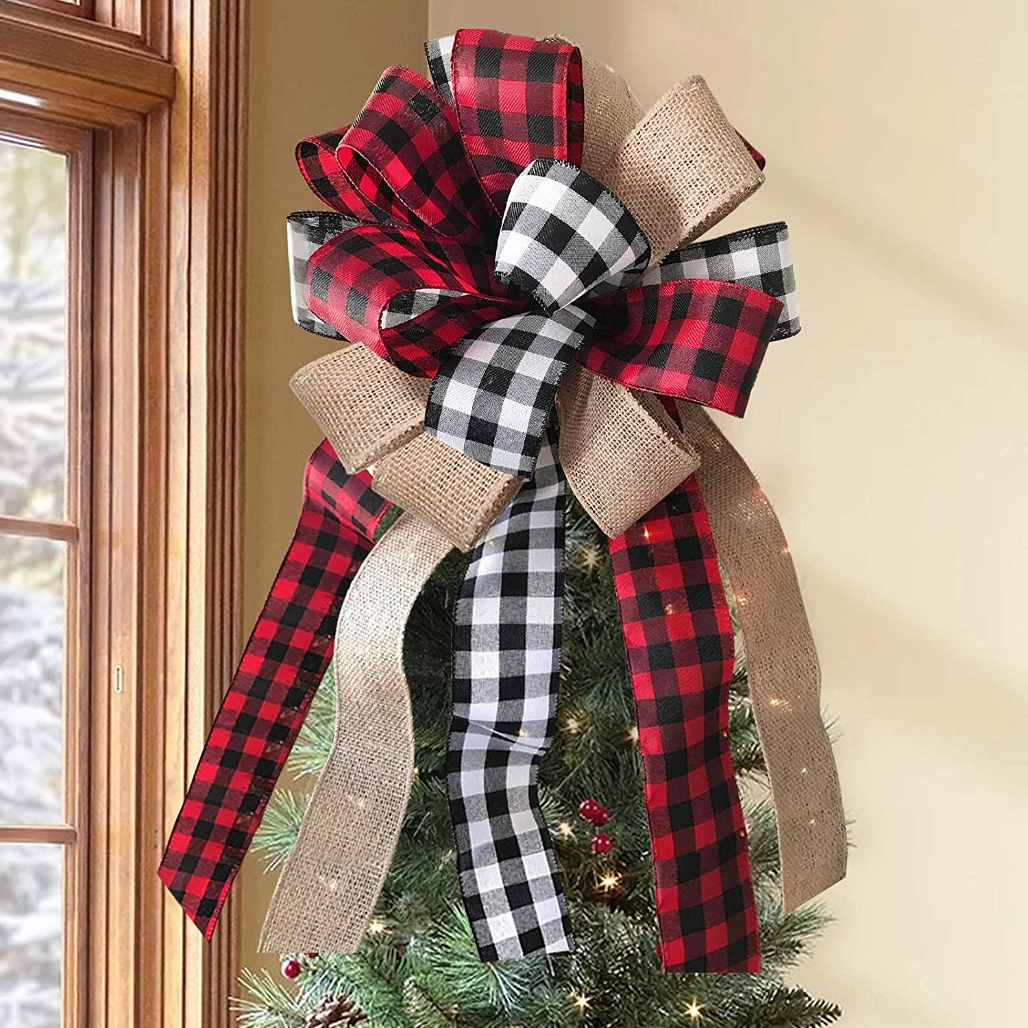 Christmas Tree Topper Buffalo Plaid Red Black Burlap Decorative Bow - Lasercutwraps Shop