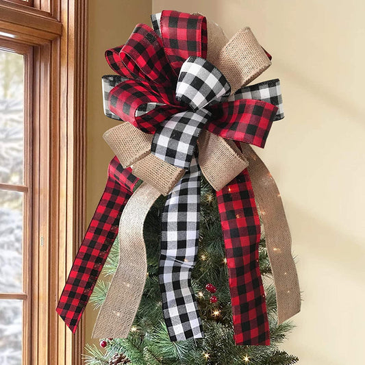 Christmas Tree Topper Buffalo Plaid Red Black Burlap Decorative Bow - Lasercutwraps Shop