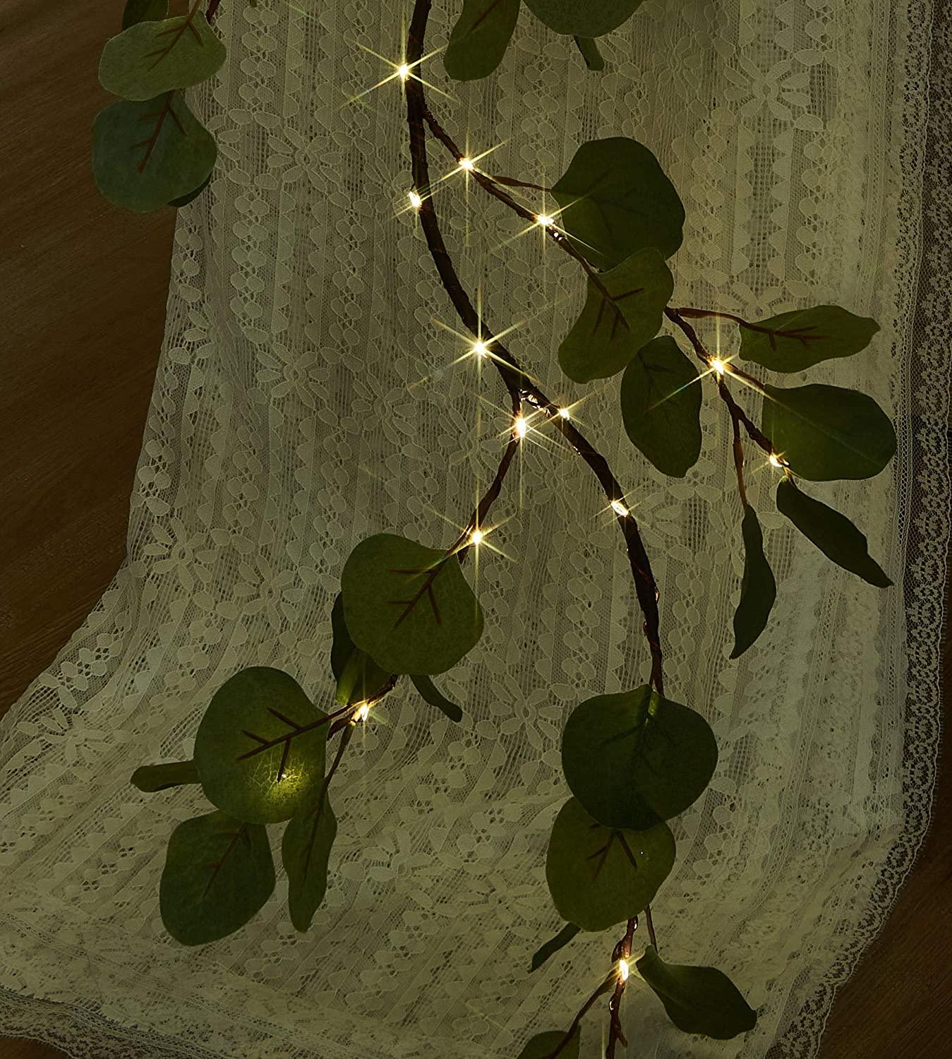 1 Pack Lighted Artificial Eucalyptus Garland 6FT 96 LED Battery Operated Faux Vine Lights with Timer for Wedding Backdrop - Lasercutwraps Shop