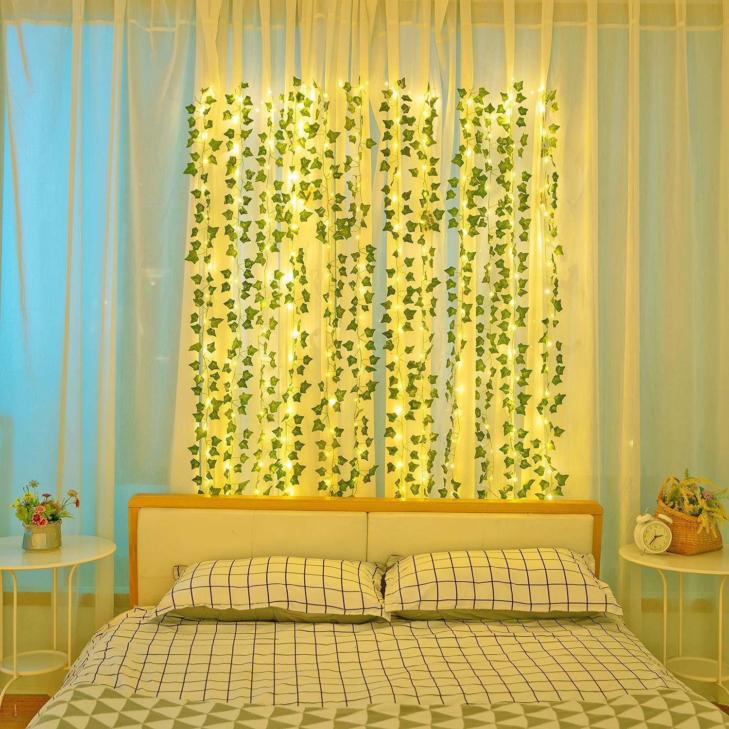 12 Pcs Artificial Ivy Garland Fake Vines with 9.8*9.8Ft Lights String (300 LED) Decor Faux Green Hanging Plant Greenery for Wall Party Wedding Room - Lasercutwraps Shop