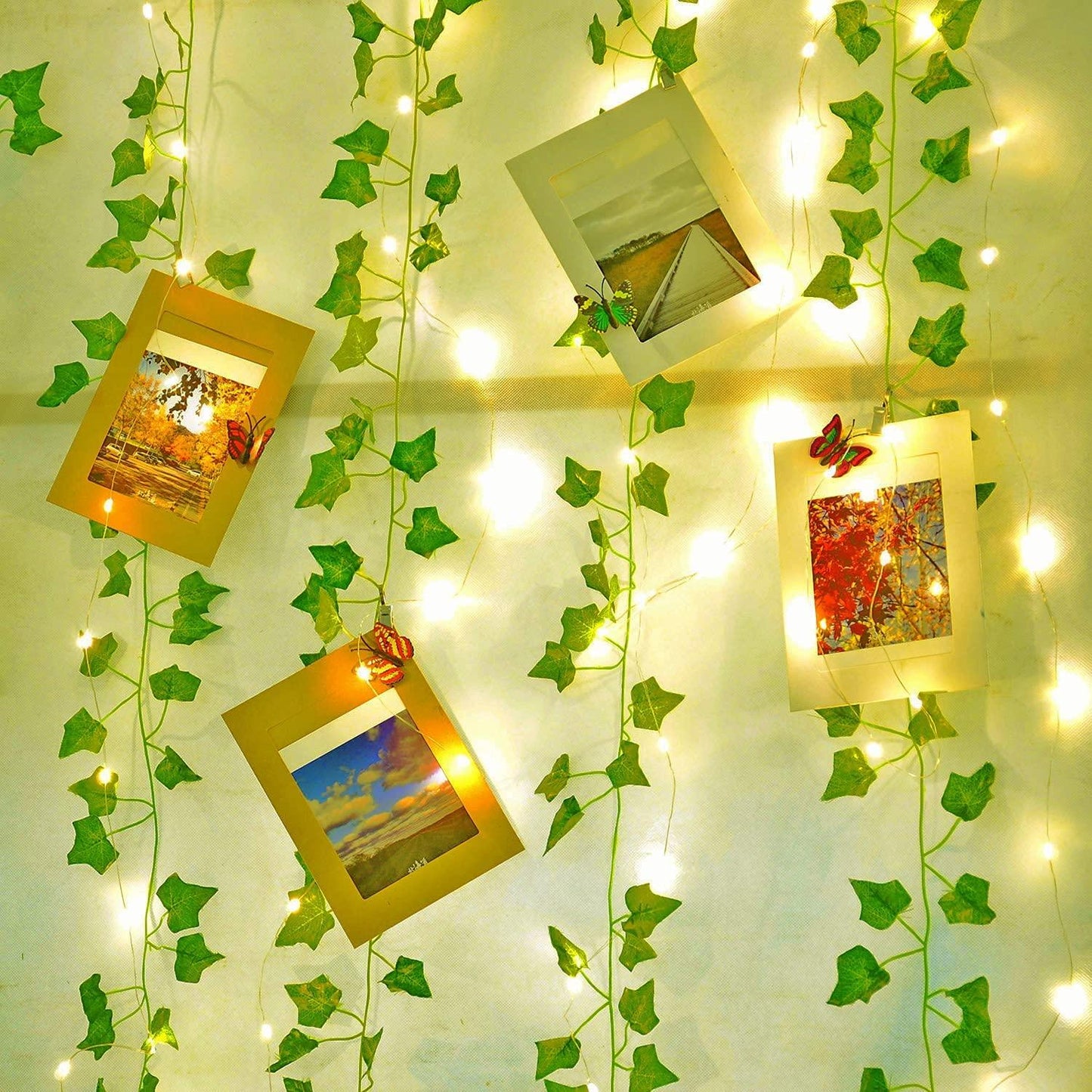 12 Pcs Artificial Ivy Garland Fake Vines with 9.8*9.8Ft Lights String (300 LED) Decor Faux Green Hanging Plant Greenery for Wall Party Wedding Room - Lasercutwraps Shop
