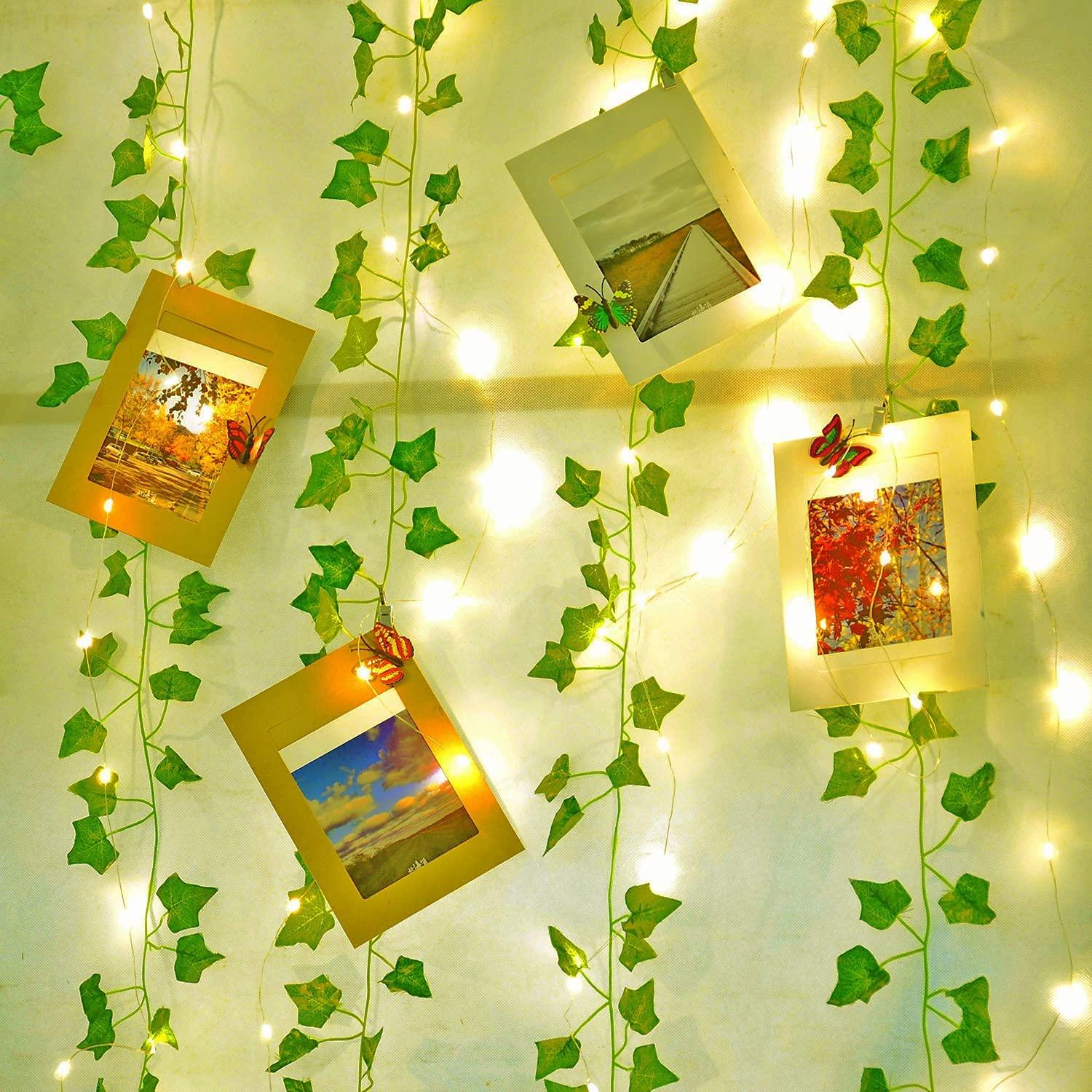 12 Pcs Artificial Ivy Garland Fake Vines with 9.8*9.8Ft Lights String (300 LED) Decor Faux Green Hanging Plant Greenery for Wall Party Wedding Room - Lasercutwraps Shop